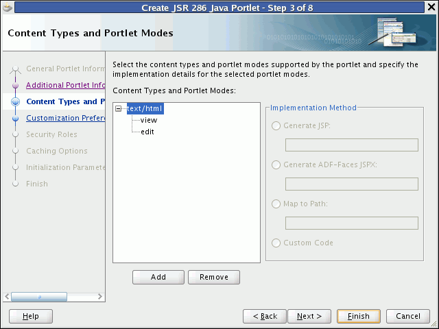 Shows Content Types and Portlet Modes page. Shows Content Types and Portlet Modes page.