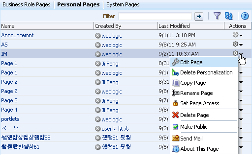 Page Actions menu on Personal Pages subpage Page Actions menu on Personal Pages subpage