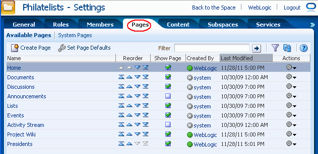 Space Administration: Pages Page Space Administration: Pages Page