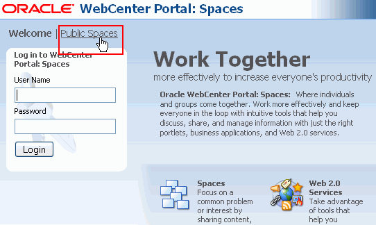 Public Group Spaces link on Welcome page Public Group Spaces link on Welcome page