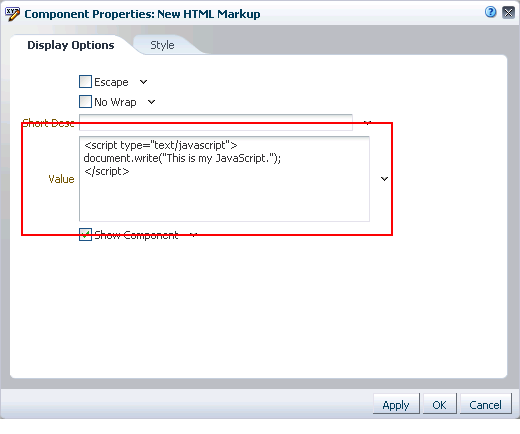 Sample JavaScript in HTML Markup component Sample JavaScript in HTML Markup component