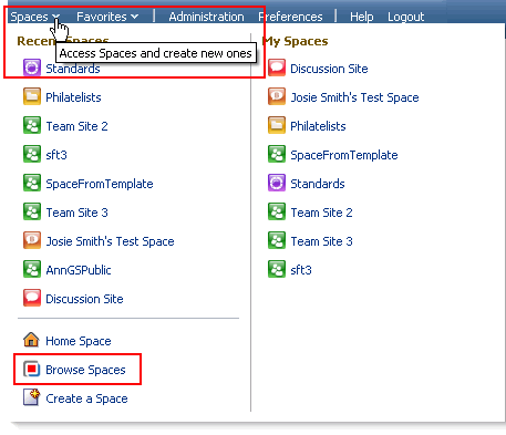 Browse Spaces option on Spaces Switcher menu Browse Spaces option on Spaces Switcher menu