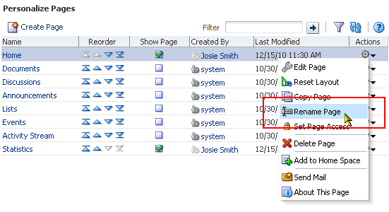 Rename Page option on Actions menu Rename Page option on Actions menu