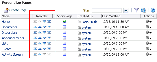 Reorder icon on the Personalize Pages page Reorder icon on the Personalize Pages page
