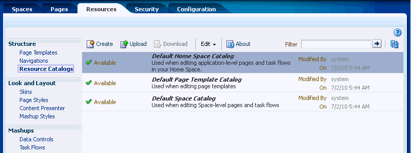 Resource Catalogs Page in the Resource Manager Resource Catalogs Page in the Resource Manager