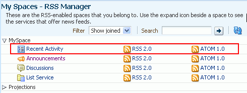 Recent Activity service in the RSS Manager Recent Activity service in the RSS Manager