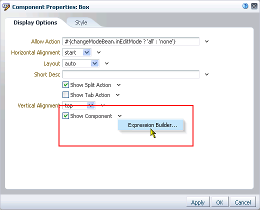Expression Builder option next to Show Component Expression Builder option next to Show Component