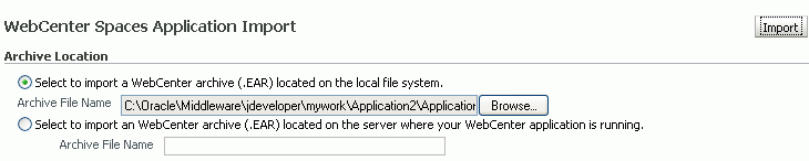 WebCenter Spaces Application Import page WebCenter Spaces Application Import page
