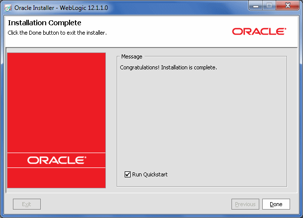 WebLogic Server Installer Installation Complete screen