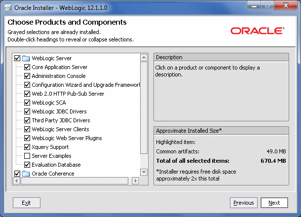 Choose Products and Components screen