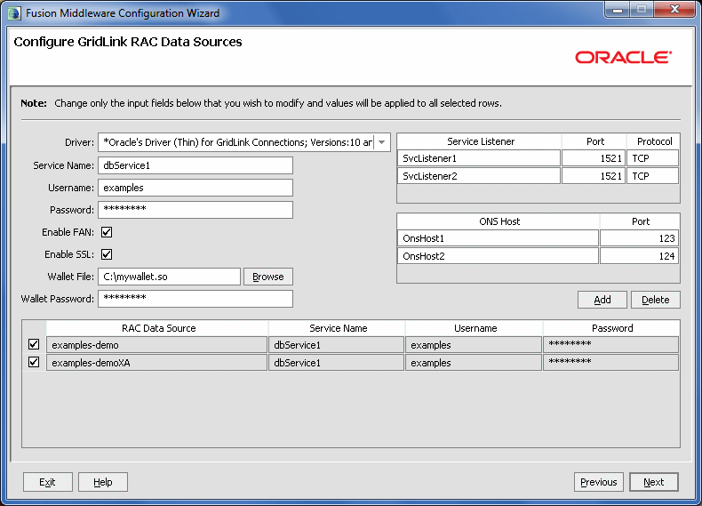 Configure GridLink RAC Data Sources screen Configure GridLink RAC Data Sources screen