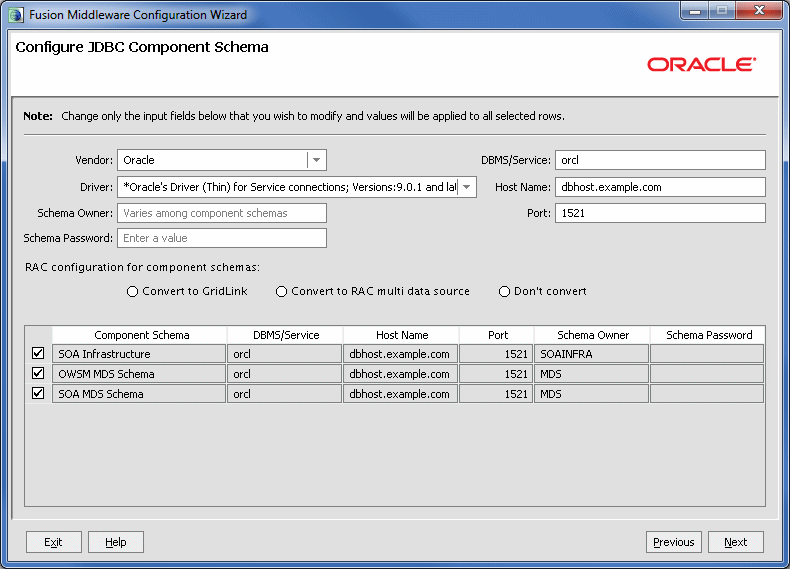 JDBC Component Schema screen, GridLink version JDBC Component Schema screen, GridLink version