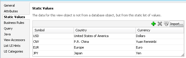 Static values page of overview editor for view object.