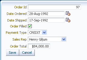 Web page containing an Edit Order form