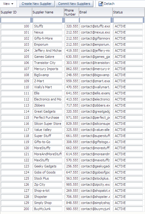 Table shows rows of suppliers