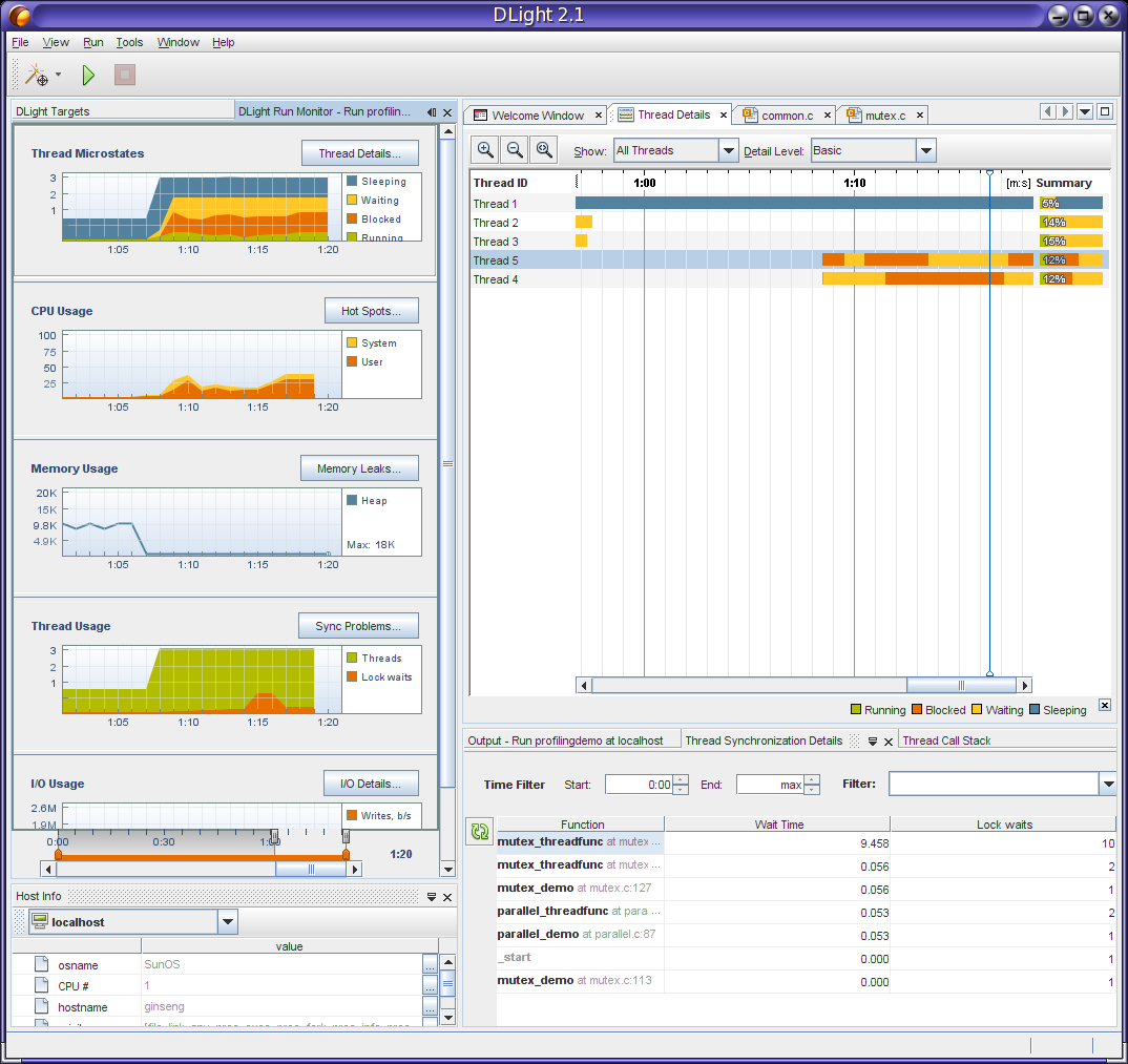 image:DLight window with C/C++/Fortran profiling tools