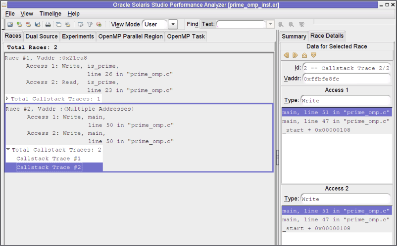 image:A screen shot of the Thread Analyzer window showing the Race Details tab with call stack traces for a data race in an OpenMP program.