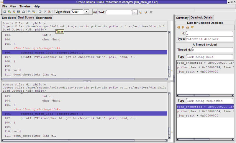 image:A screen shot of the Thread Analyzer window which shows a potential deadlock.