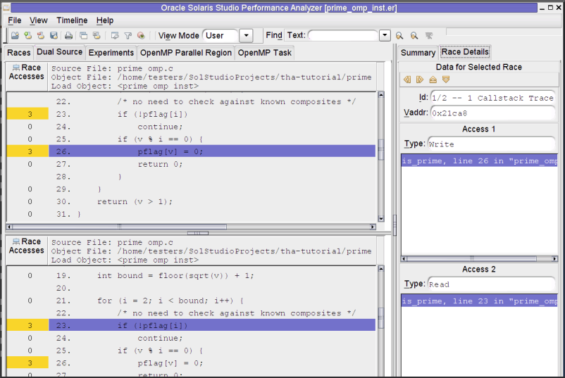 image:A screen shot of the Thread Analyzer window showing the Dual Sources tab for a data race in prime_omp.c.