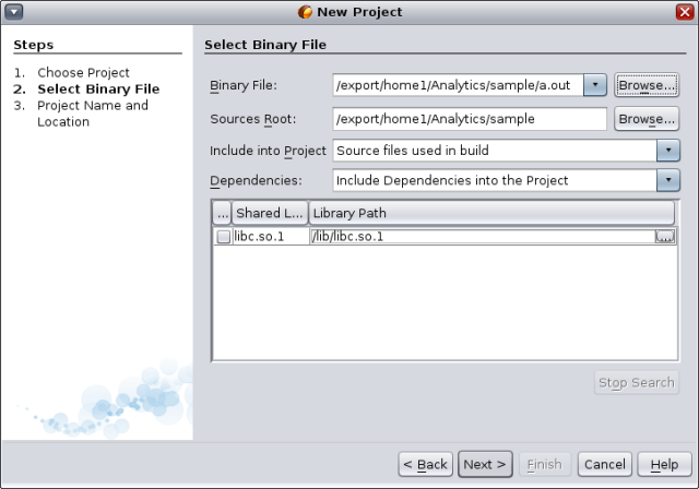 New Project wizard Select Binary File page for Project from a Binary File image:New Project wizard Select Binary File page for Project from a Binary File