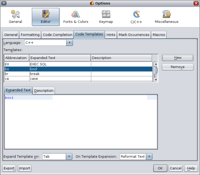 Code Templates tab in Options dialog box image:Code Templates tab in Options dialog box