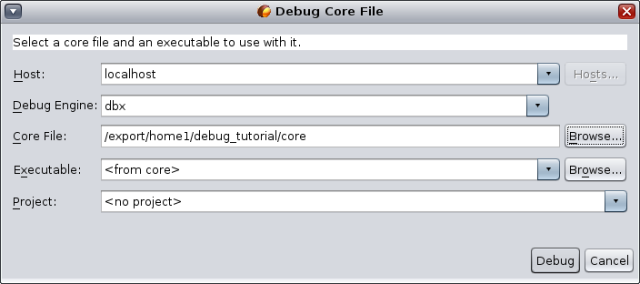 Debug Core file dialog box image:Debug Core file dialog box