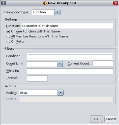 New Breakpoint dialog box image:New Breakpoint dialog box