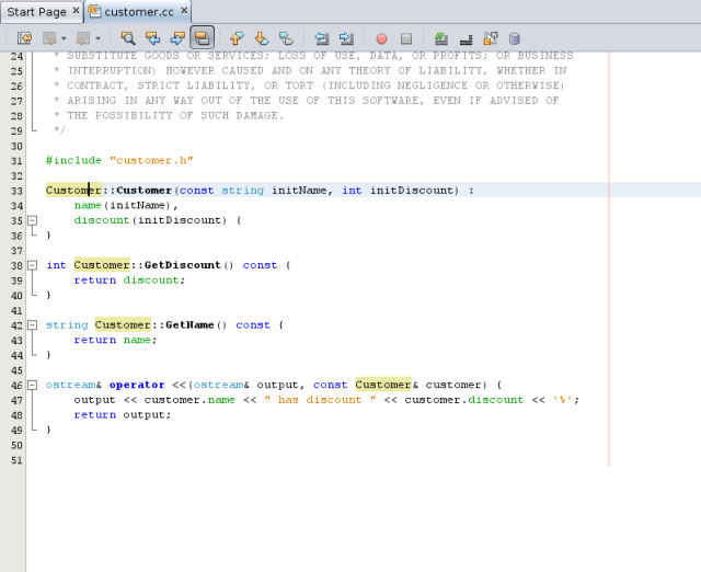 Editor window with instances of Customer class highlighted in yellow image:Editor window with instances of Customer class highlighted in yellow