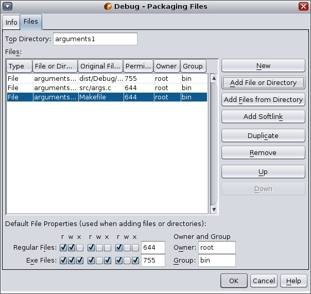 Packaging Files dialog box, Files tab image:Packaging Files dialog box, Files tab