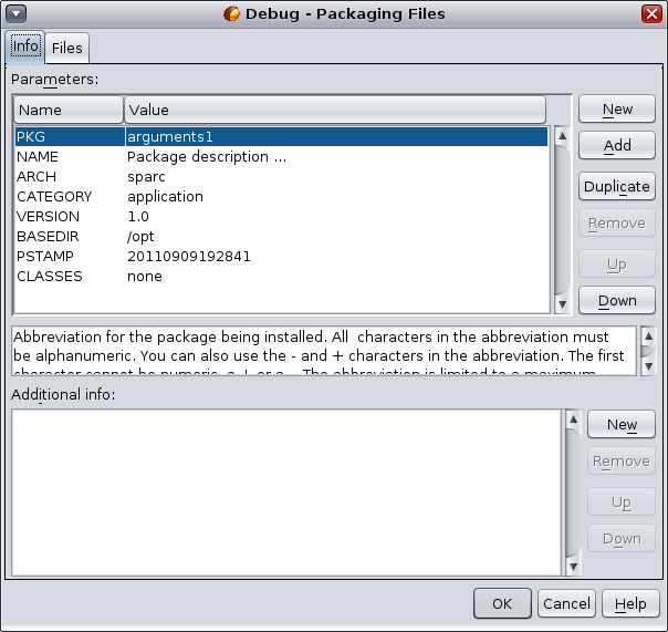 Packaging Files dialog box, Info tab image:Packaging Files dialog box, Info tab