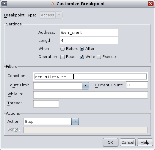Customize Breakpoint dialog box image:Customize Breakpoint dialog box