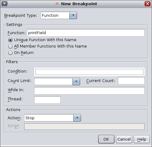 New Breakpoint dialog box image:New Breakpoint dialog box