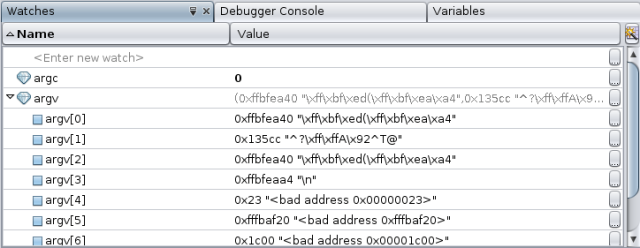 Watches window with argc value in bold image:Watches window with argc value in bold