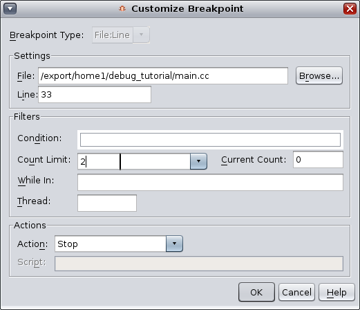 Customize breakpoint dialog box image:Customize breakpoint dialog box
