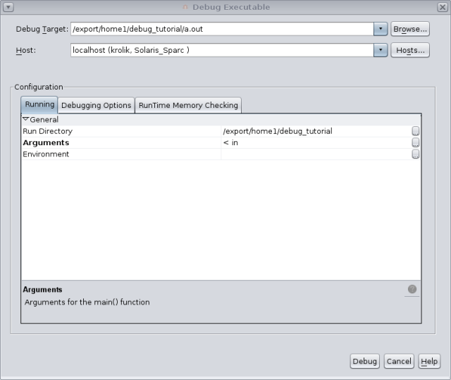 Debug Executable dialog box image:Debug Executable dialog box