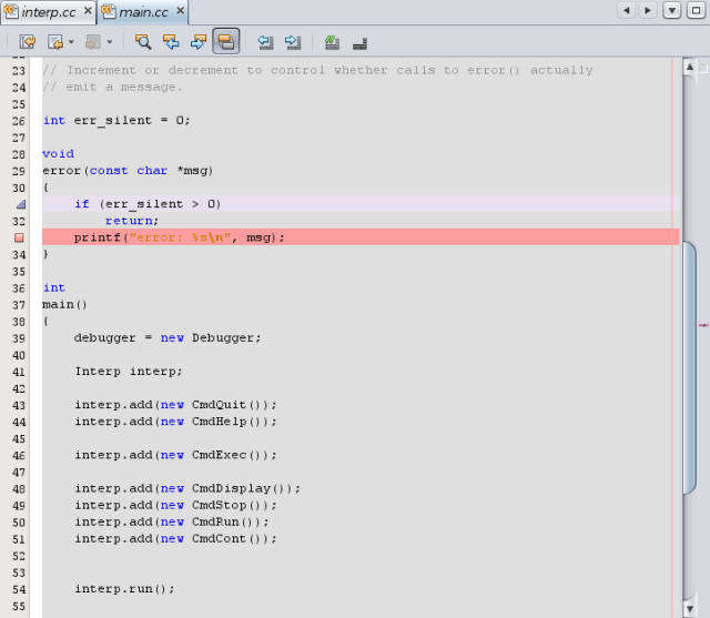 Editor window with lavender stripe on line 31 and breakpoint on line 33 image:Editor window with lavender stripe on line 31 and breakpoint on line 33