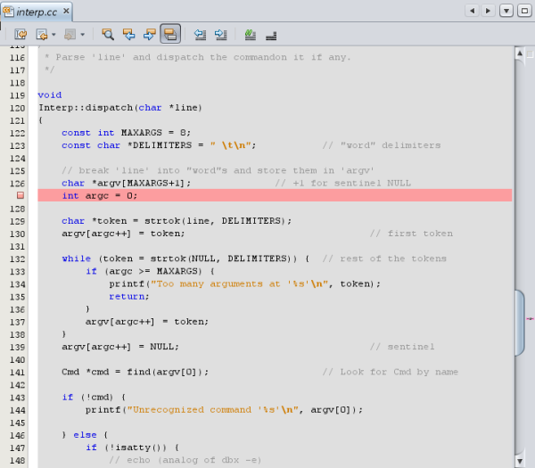 Editor window with line breakpoint on line 127 image:Editor window with line breakpoint on line 127