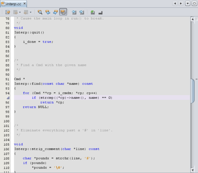 Editor window with triangle in margin and lavender stripe on source code line image:Editor window with triangle in margin and lavender stripe on source code line