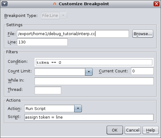 Custom breakpoint dialog box image:Custom breakpoint dialog box