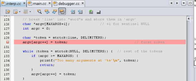 Editor window with breakpoint on line 130 image:Editor window with breakpoint on line 130
