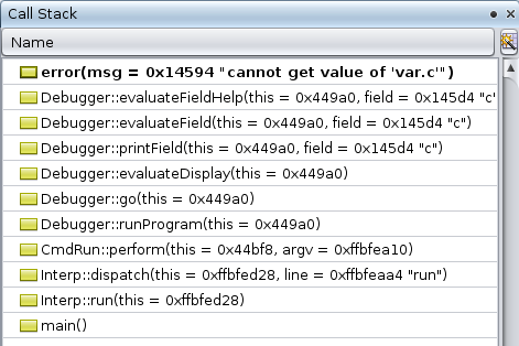 Call Stack window with error message frame image:Call Stack window with error message frame