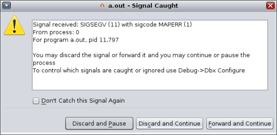 Signal Caught alert box displaying SEG image:Signal Caught alert box displaying SEG