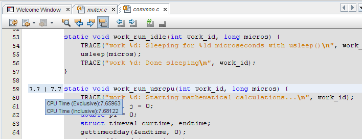 Editor window showing pop-up metrics for work_run_usrcpu function image:Editor window showing pop-up metrics for work_run_usrcpu function