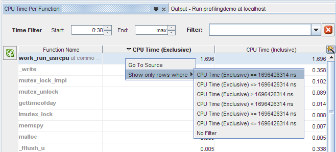 CPU Time Per Function tab with filtering list image:CPU Time Per Function tab with filtering list