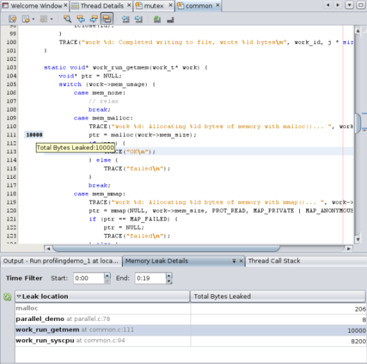 Editor window and Memory Leak Details tab image:Editor window and Memory Leak Details tab