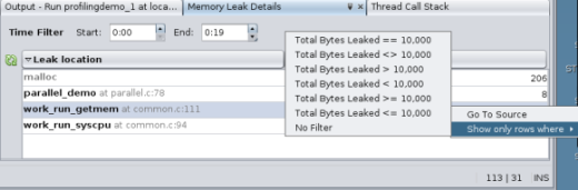 Memory Leak Details tab with filter selection list image:Memory Leak Details tab with filter selection list