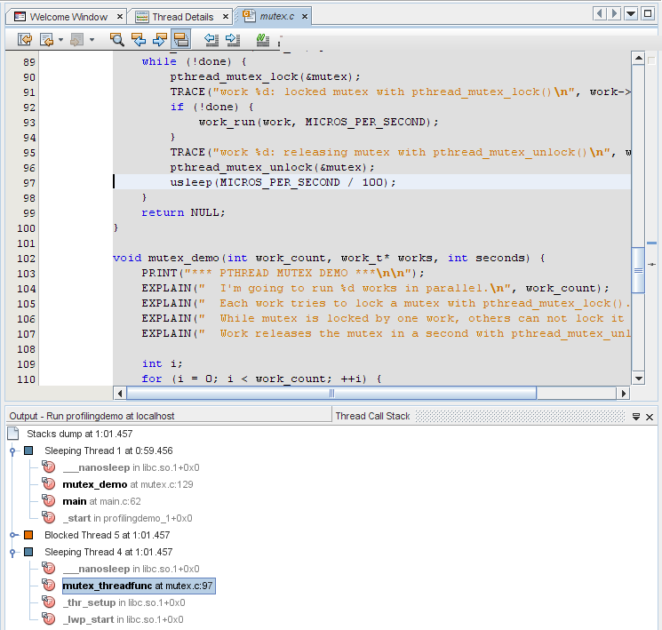 Editor window showing the source code where the mutex_thread function is called image:Editor window showing the source code where the mutex_thread function is called