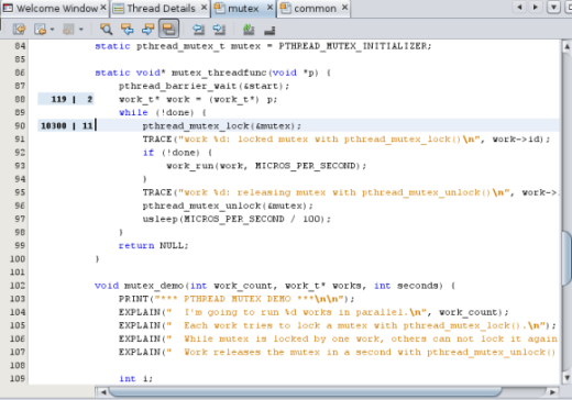 Editor window showing source code where the pthread_mutex_lock function is called image:Editor window showing source code where the pthread_mutex_lock function is called