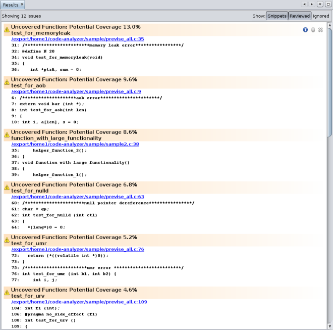 image:Code Analyzer Results tab showing some of the code coverage issues