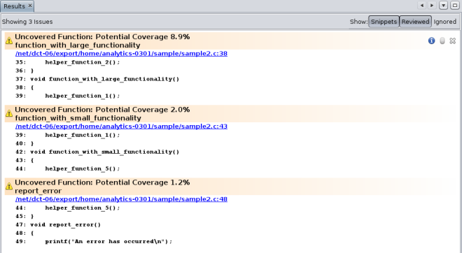 Code Analyzer Results tab showing code coverage errors for sample2.c image:Code Analyzer Results tab showing code coverage errors for sample2.c